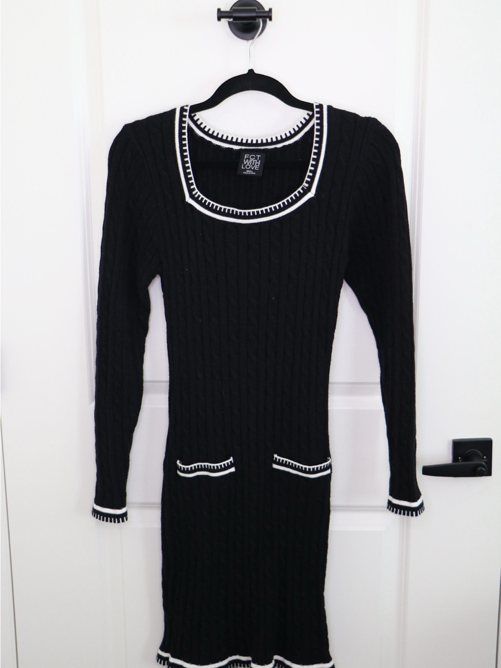 FCT Love Black Long-Sleeve Cable Knit Dress with White Trim
